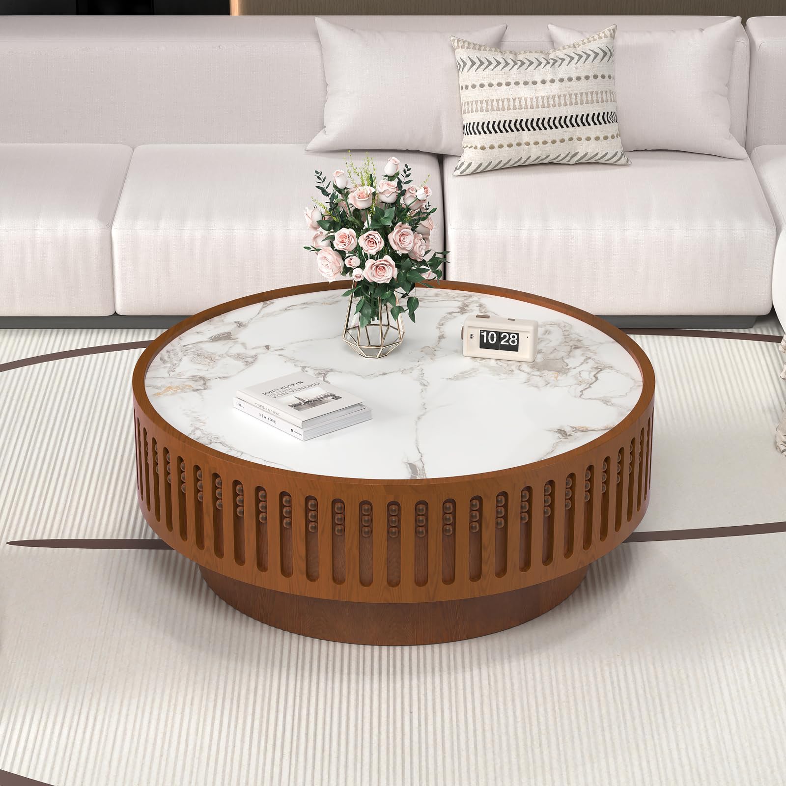 JHKZUDG 35.4" Round Coffee Table with Sintered Stone Tabletop, Wooden Fluted Coffees Table, Circle Accent Center Table for Living Room Apartment Office Small Space (35.4" Coffee Table)