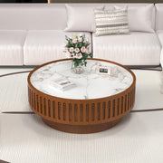 JHKZUDG 35.4" Round Coffee Table with Sintered Stone Tabletop, Wooden Fluted Coffees Table, Circle Accent Center Table for Living Room Apartment Office Small Space (35.4" Coffee Table)