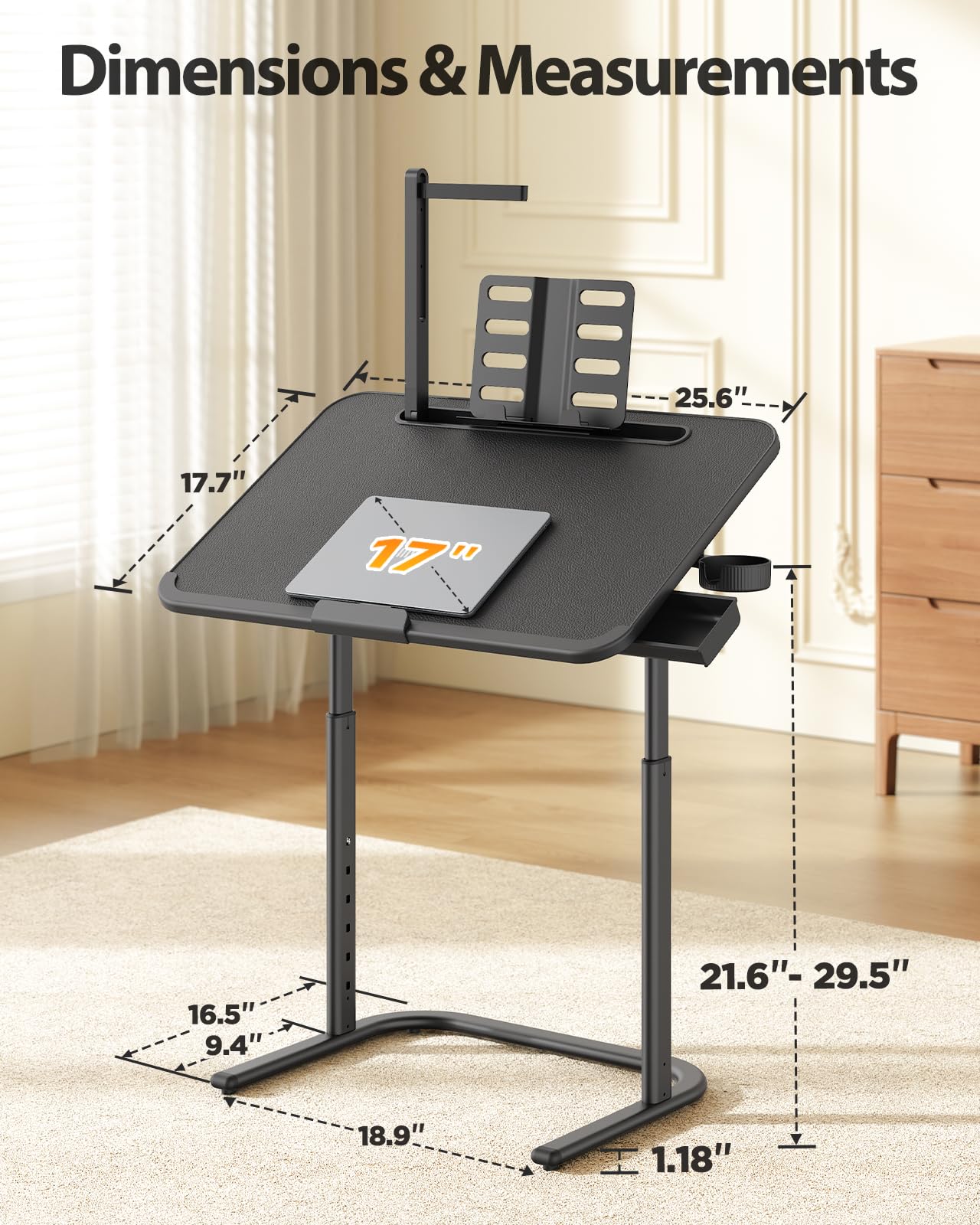 SAIJI Tilt & Height Adjustable Laptop Tray Table, Extra Large Couch Desk, Foldable Floor Table for Laptop,Drafting, Writing, Eating on Sofa, Built in Led Light, Drawer, Bookstand, Cup Holder