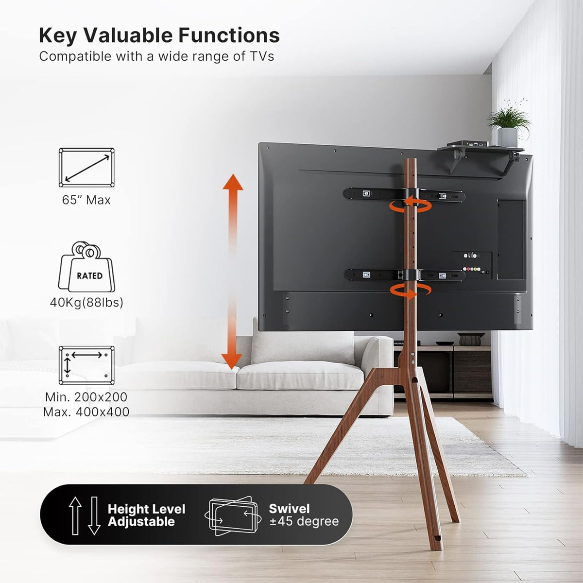 PUTORSEN Solid Wood Easel TV Stand for 45-65'' TVs, Hidden Cable, Walnut