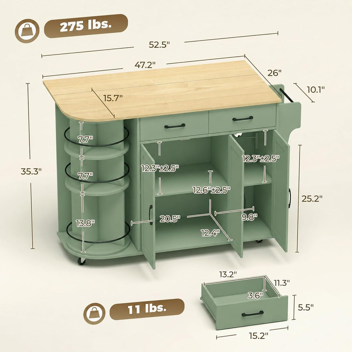 Sage Green Rolling Kitchen Island