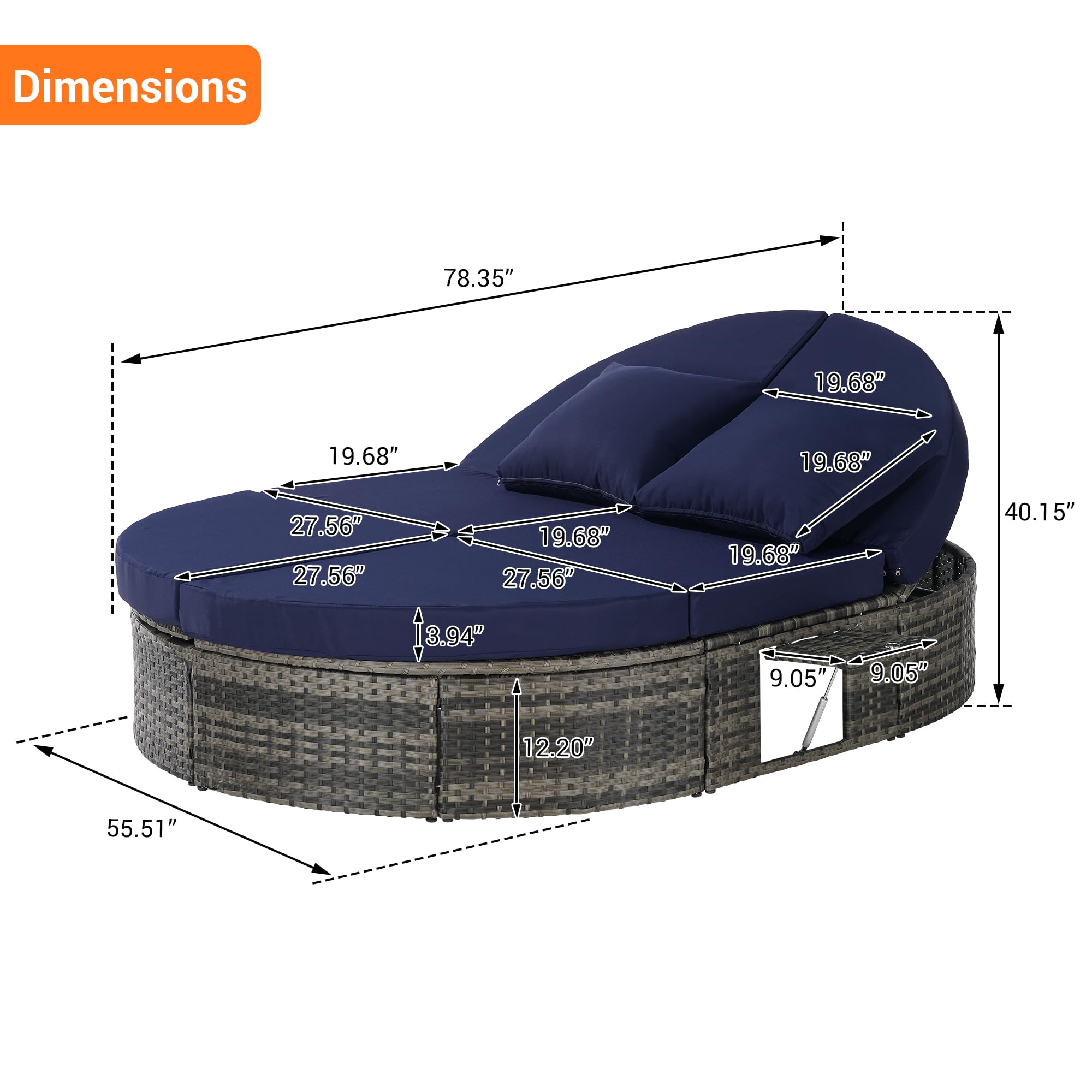 SOFTSEA Outdoor Daybed with Adjustable Backrest, Patio Oval Wicker Sun Bed with Foldable Cup Trays, Rattan Reclining Chaise Lounge with Cushion and Pillows for Lawn, Poolside, Dark Blue