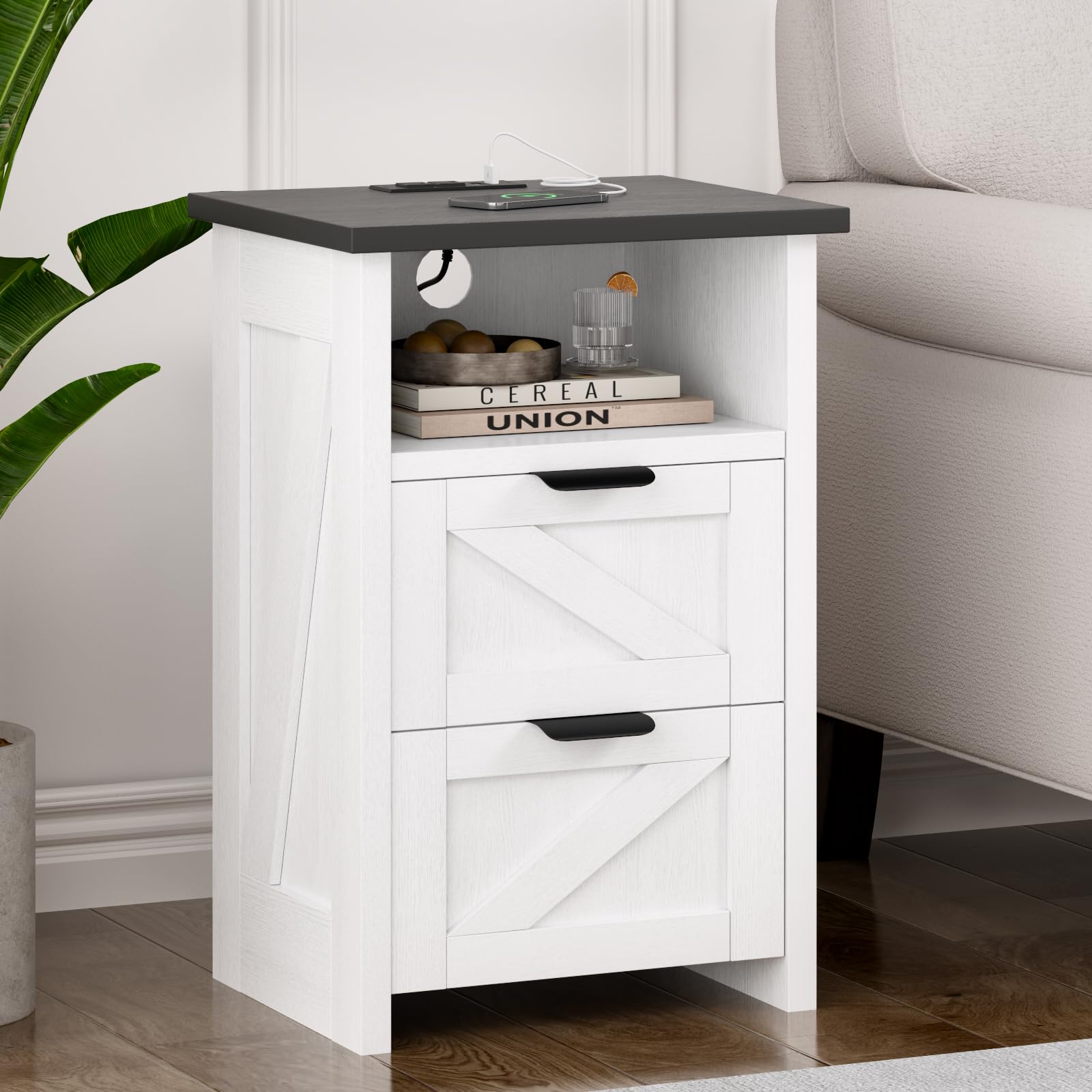 Farmhouse Nightstand Set of 2 with Charging Station & Drawers