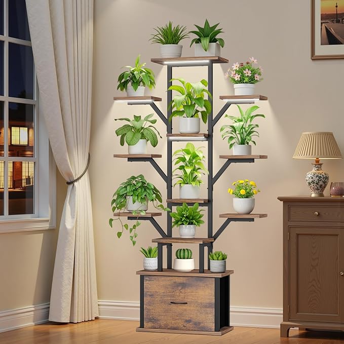 Tiered Plant Stand with Grow Light & Drawer