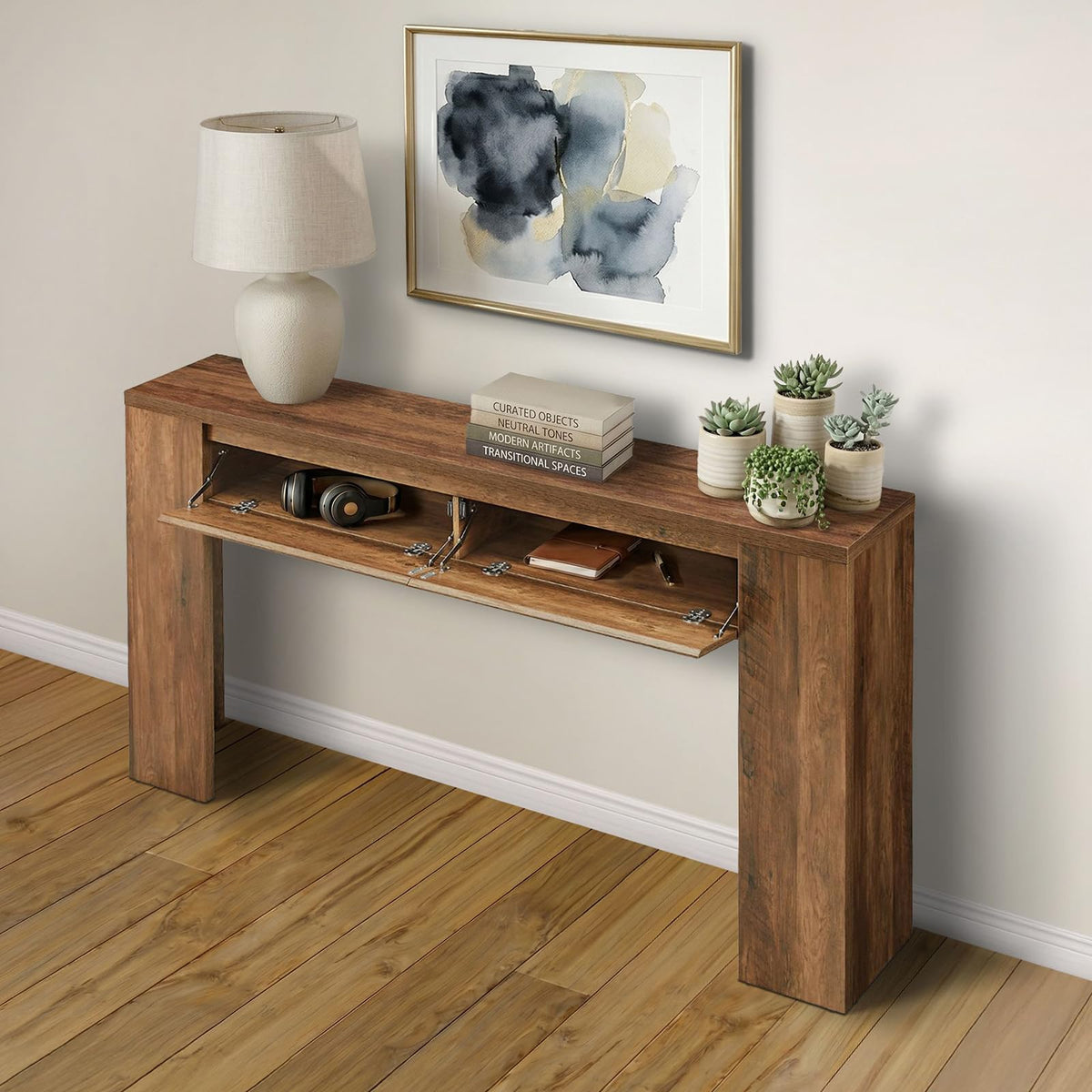 Madison Park Essentials Console Table with Power Outlet & USB Port, 63" Long Narrow Sofa Table with Flip-Top Hidden Storage Shelf, Behind Couch Entryway Hallway Table for Living Room, Warm Brown