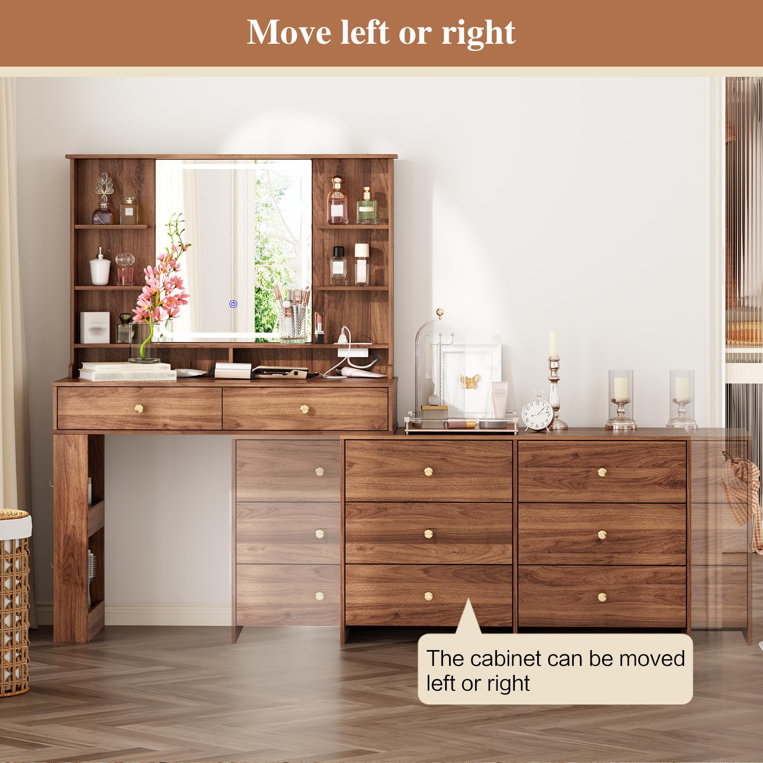 Ieejdn Makeup Vanity Desk with Mirror and Lights, Vanity Desk with 8 Drawers & Storage Shelves, Vanity Table with Power Outlet, 3 Color Modes & Adjustable Brightness Dressing Table, Bedroom,Brown