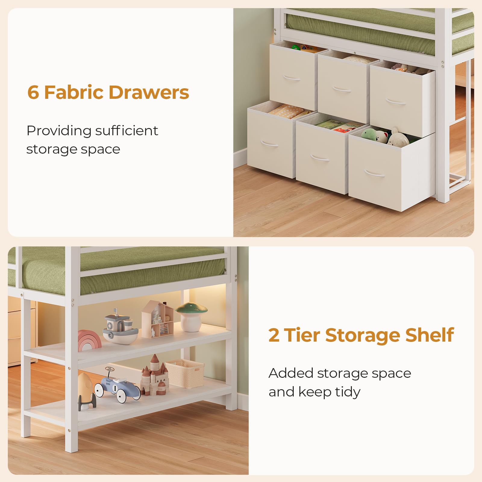 ADORNEVE Low Loft Bed with 6 Storage Drawers, Twin Loft Bed with LED Lights, Metal Loft Bed Twin Size with Open Storage Shelves, Twin Bed Frame with 15" H Safety Guard Rail for Kids, White