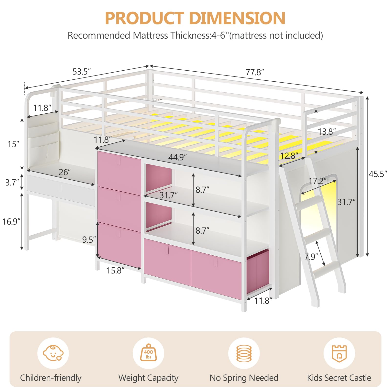 Twin Low Loft Bed with Desk, Storage Drawers & LED Lights