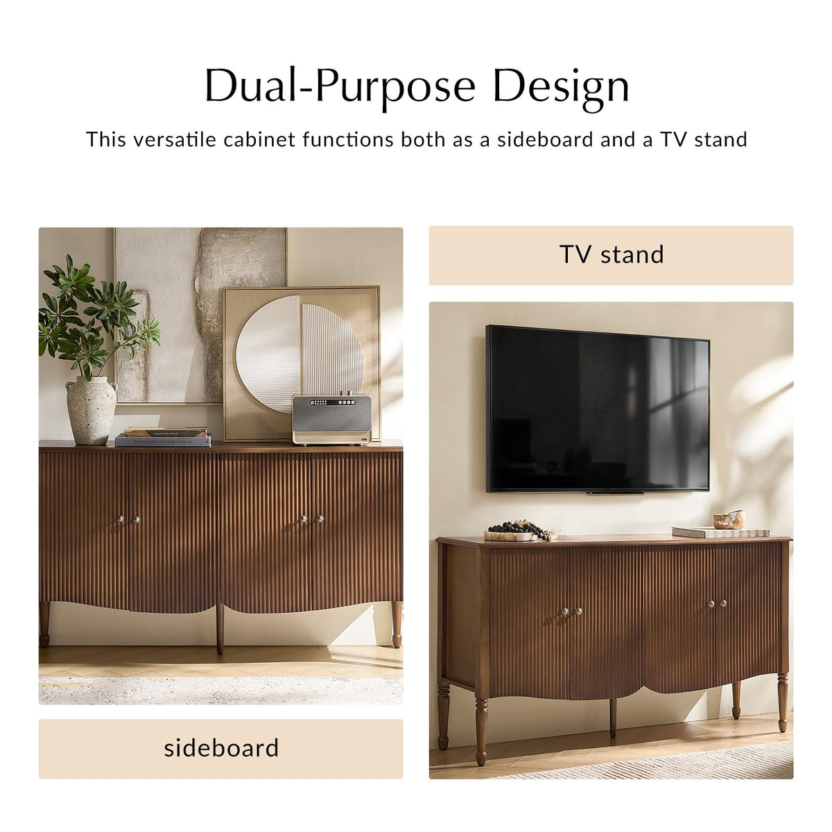 HULALA HOME 58" Fluted Sideboard Buffet Cabinet with Storage, Walnut