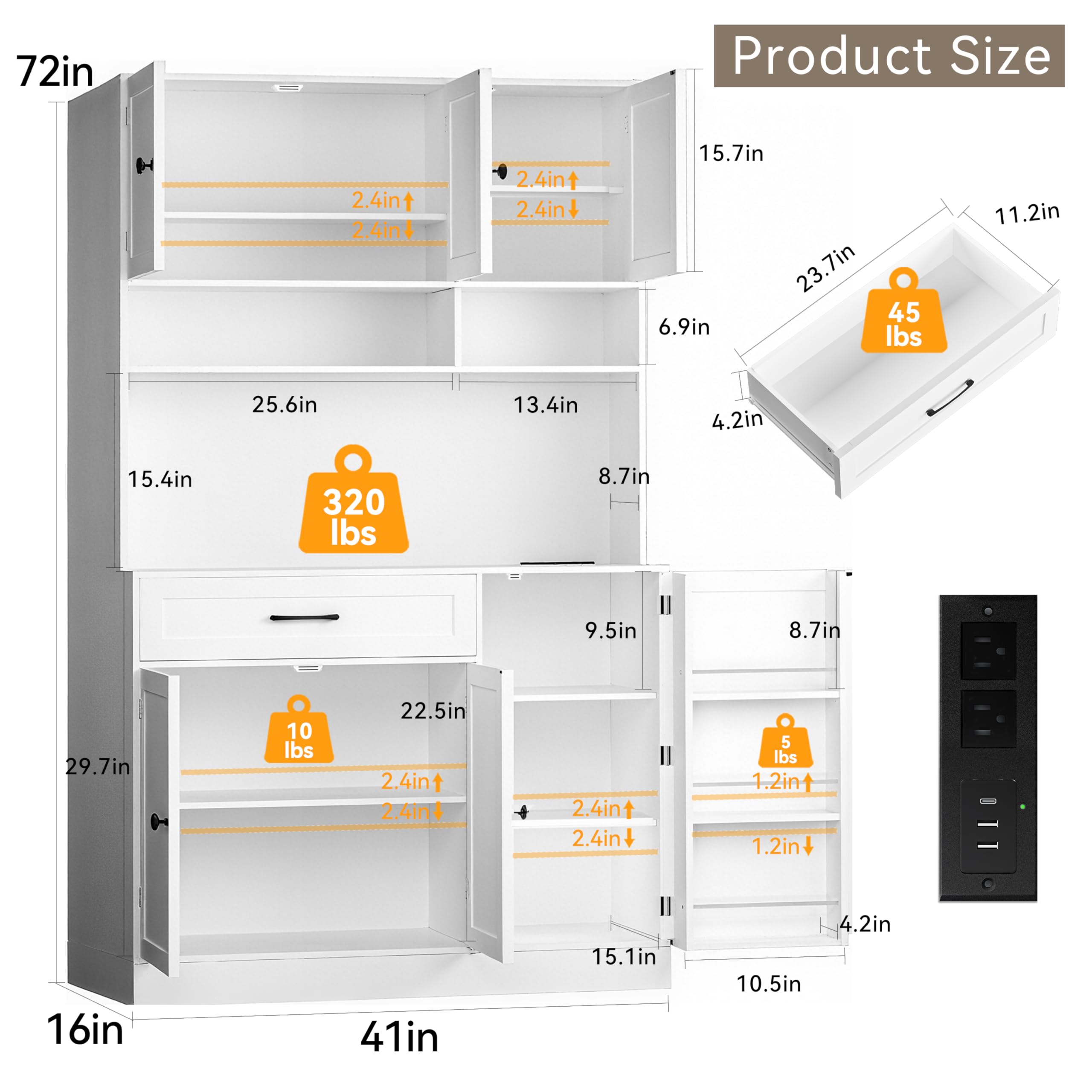 FJTJBSI 72" Kitchen Pantry Cabinet with LED Light and Charging Station Tall Pantry Storage Cabinet with Adjustable Shelves and Door Shelves Modern Kitchen Hutch with Microwave Stand and Countertop