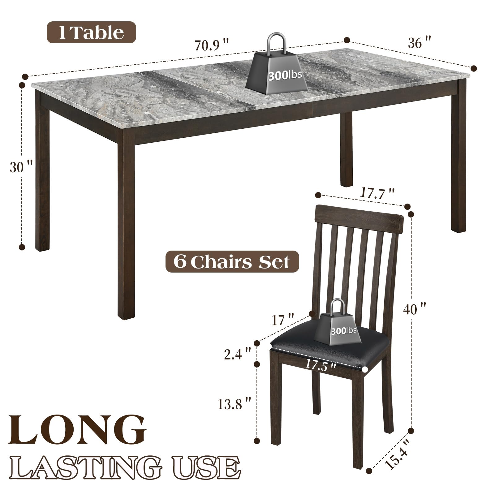 LUXOAK 7-Piece Solid Wood Dining Table Set, 71" Faux Marble Kitchen Table with 6 Chairs, Curved Backrests & PU Cushioned Seats, Perfect for Dining Room & Living Room