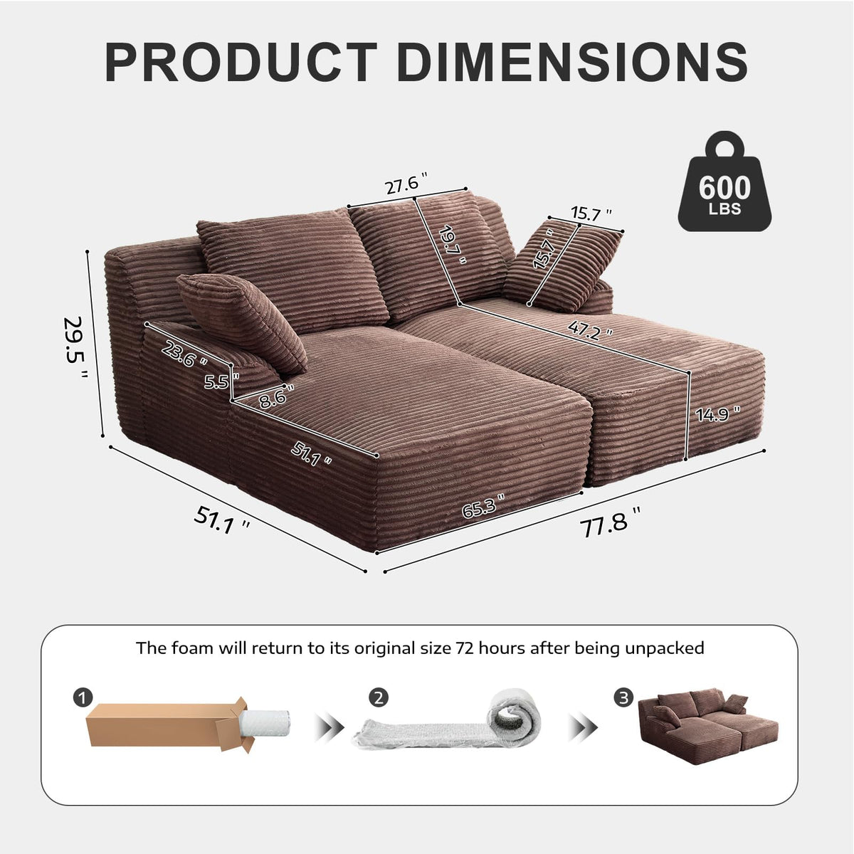 Forrise Oversized Chaise Lounge Chair Indoor, Corduroy Upholstered Boneless Sofa Bed, Deep Seat Sleeper Couch Reading Chairs, Cloud Sofas for Living Room, No Assembly Required (Brown, Double Size)