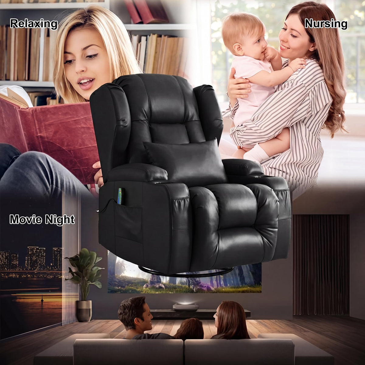 Oprisen Power Swivel Rocker Recliner Chair Home Theater Seating, Dual Motor Electric Upholstered Movie Gaming Reclining Sofa with Heat Massage/4 Modes LED Light/USB Port/Cup Holders/Pockets