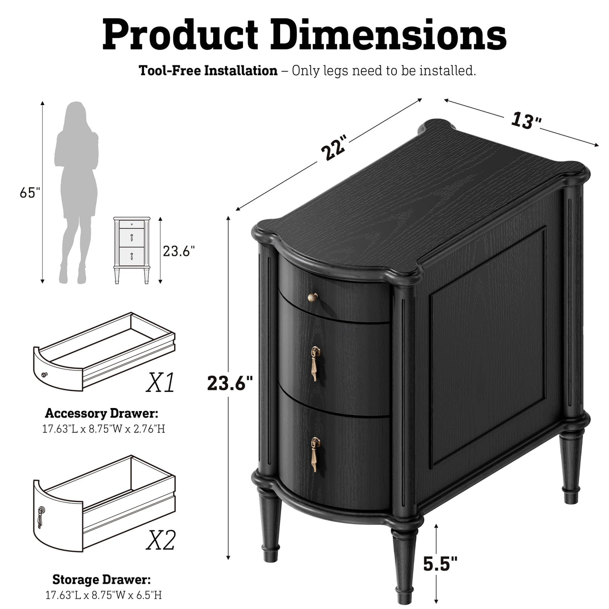 STO'SENSE Nightstand w/Charging Station & 3 Drawers, Pre-Assembled, Vintage Side Table w/Antique-Finished Pulls, Rustic Wood Finish, Narrow End Table w/Turned Legs for Bedroom (2, Black)
