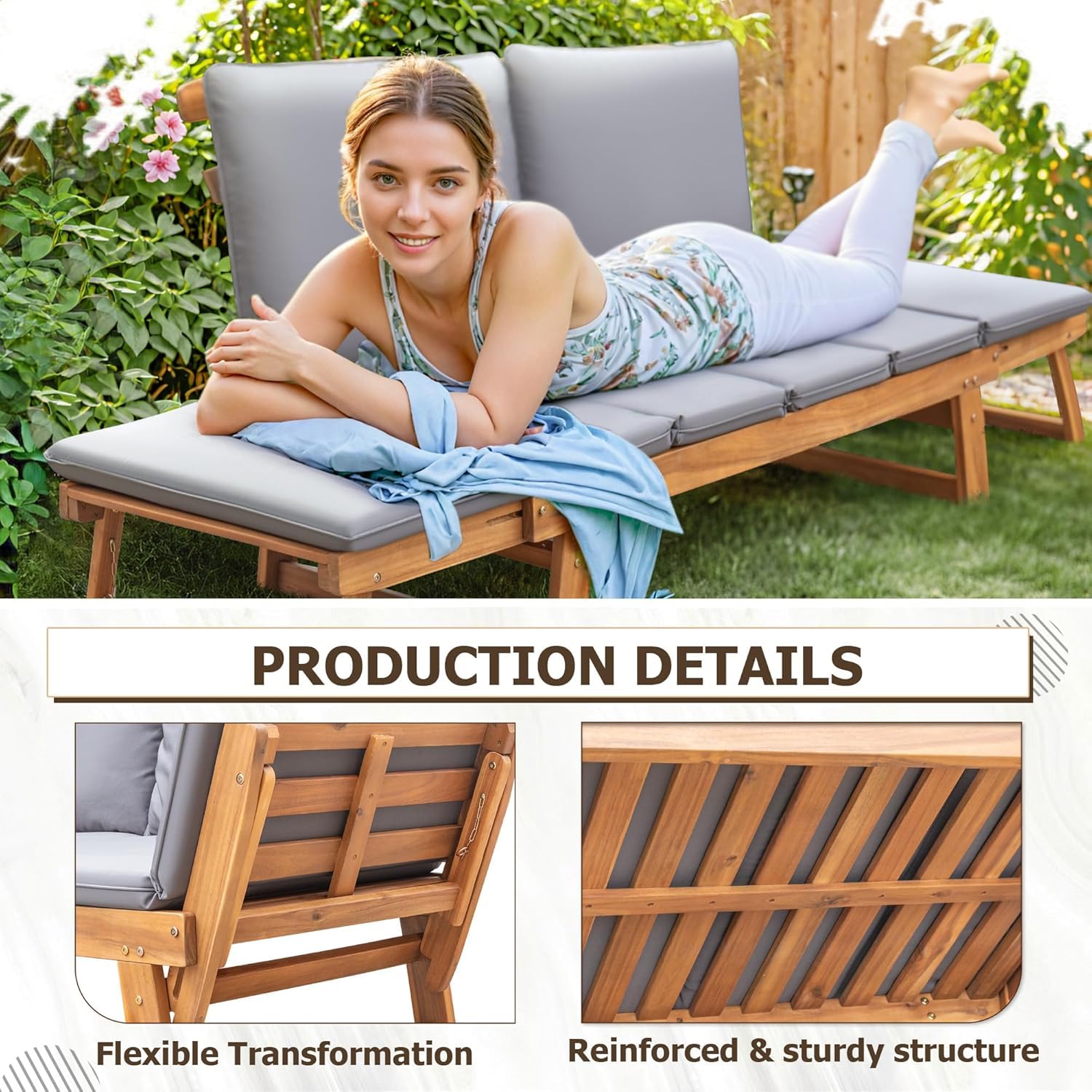 Outdoor Convertible Daybed Sofa with Acacia Wood Frame