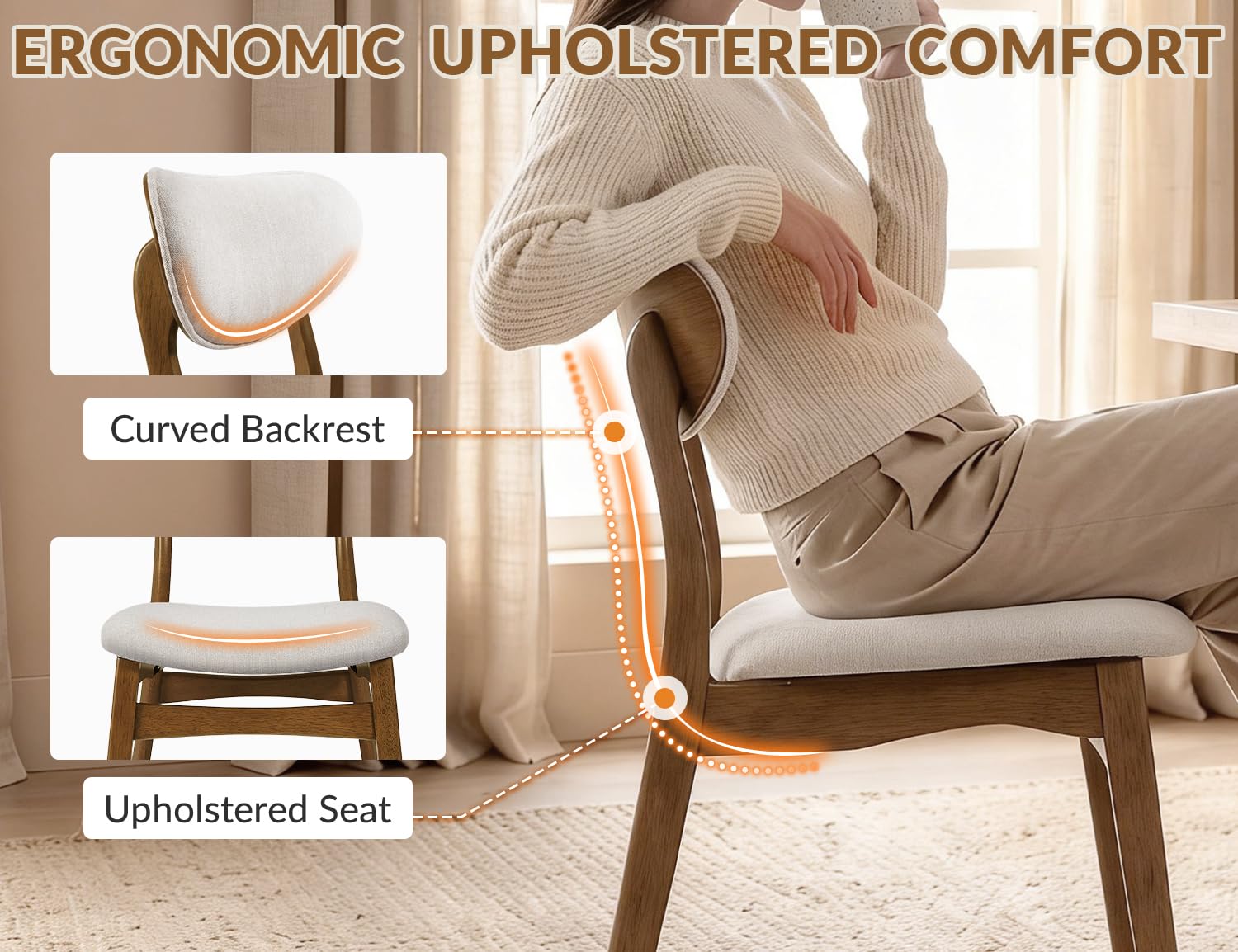 Upholstered Dining Chairs Set of 4, Mid-Century Modern, Beige & Walnut