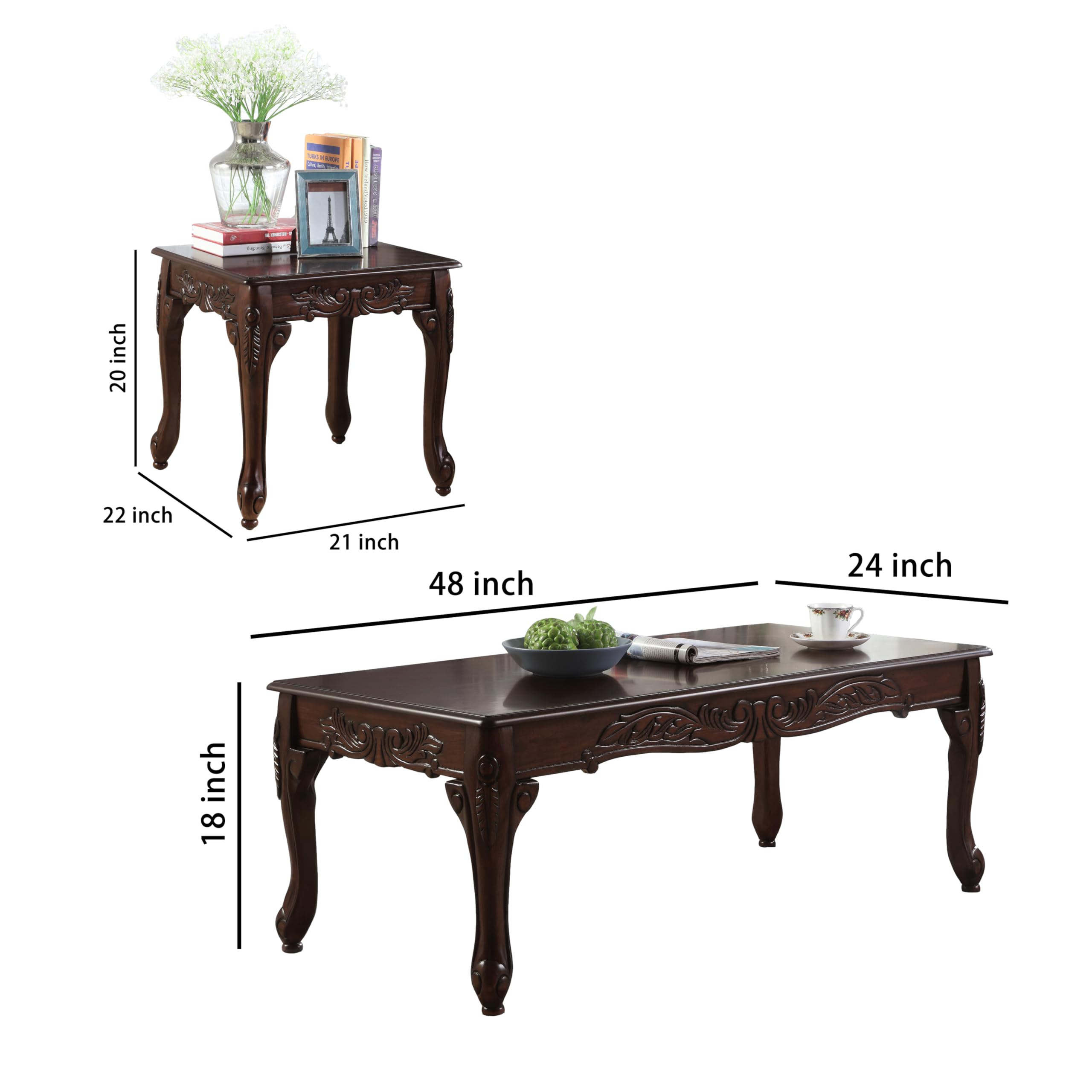 SSC SATISUNCASA Traditional Coffee Table Set for Living Room, 1 Dark Cherry Wood Coffee Table and 2 End Table Set, Vintage Wooden Living Room Table Set