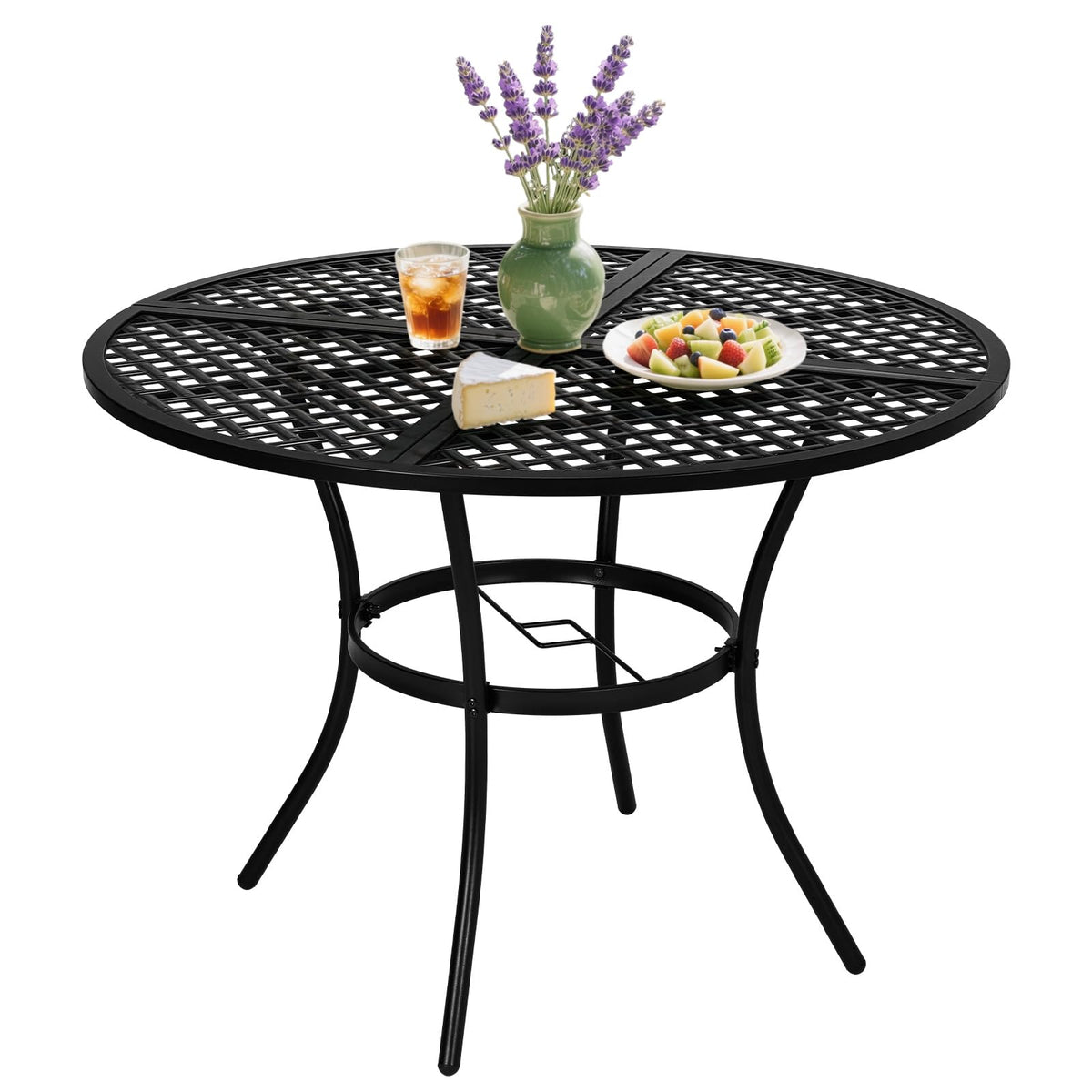 VINGLI 42" Round Outdoor Dining Table - Patio Metal Table with 1.97" Umbrella Hole, Iron Garden Table for Deck Porch Backyard, Black