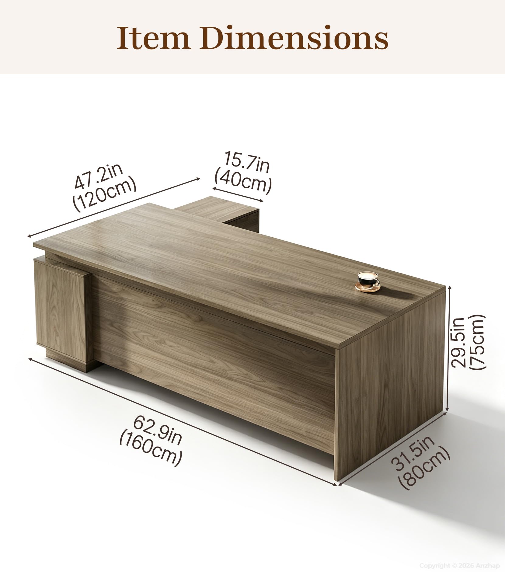 L-Shaped Executive Desk with Power Outlets & USB Ports