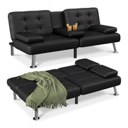 Flamaker Futon Sofa Bed, Black Faux Leather Convertible Loveseat Couch