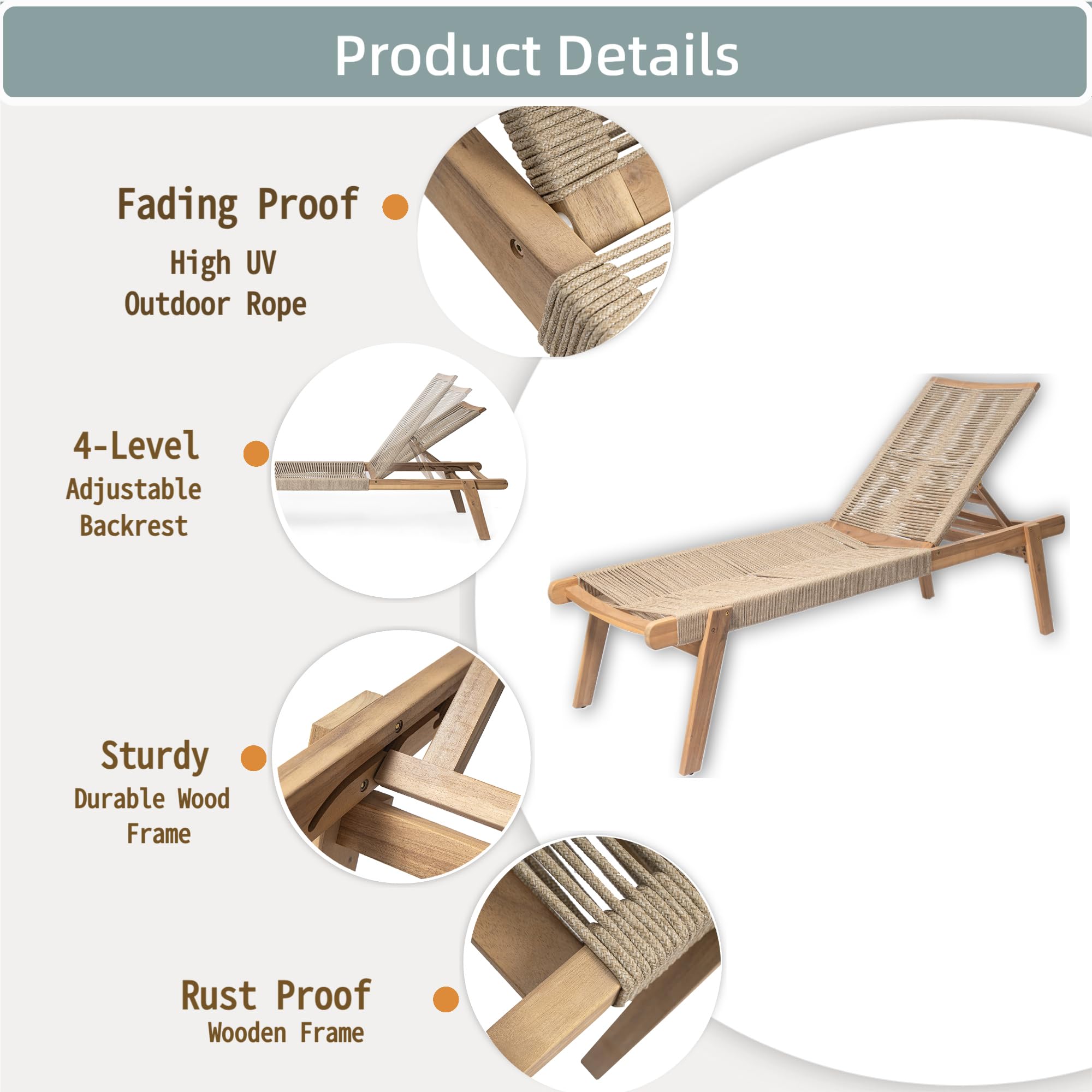 Outdoor Wood Chaise Lounge Set of 2 with Rope Seating
