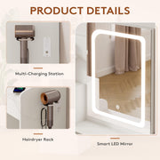 LIVELYGLOW Small Vanity Set with Lighted Mirror & Power Station, 24" Modern White Makeup Desk with Storage Stool, HairDryer Rack, Smart LED 3-Color Lighting, Compact Dressing Vanity for Bedroom