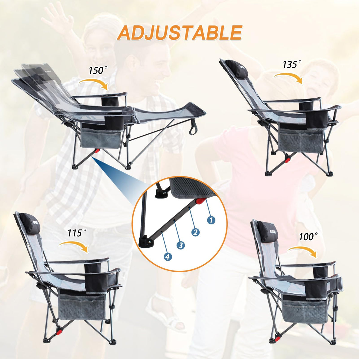 POEPORE 2-Pack Reclining Camping Chair with Removable Footrest Lounge Chair with Headrest, Cotton Cushion, Portable Adjustable Folding Chairs for Adults Black