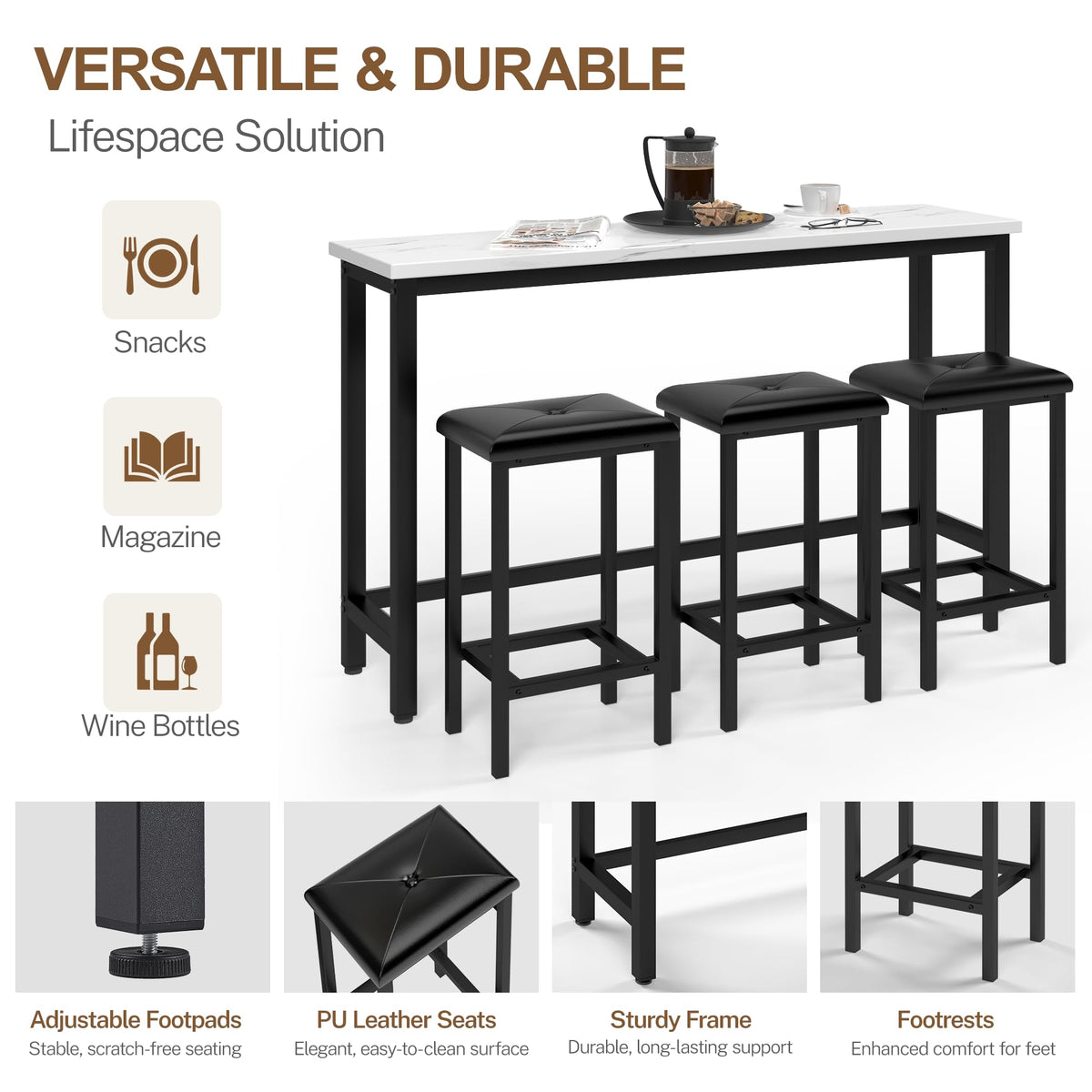 Faux Marble Bar Table Set with 3 Stools