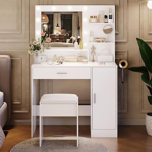 Makeup Vanity Desk with HD Mirror, LED Lights & Charging Station
