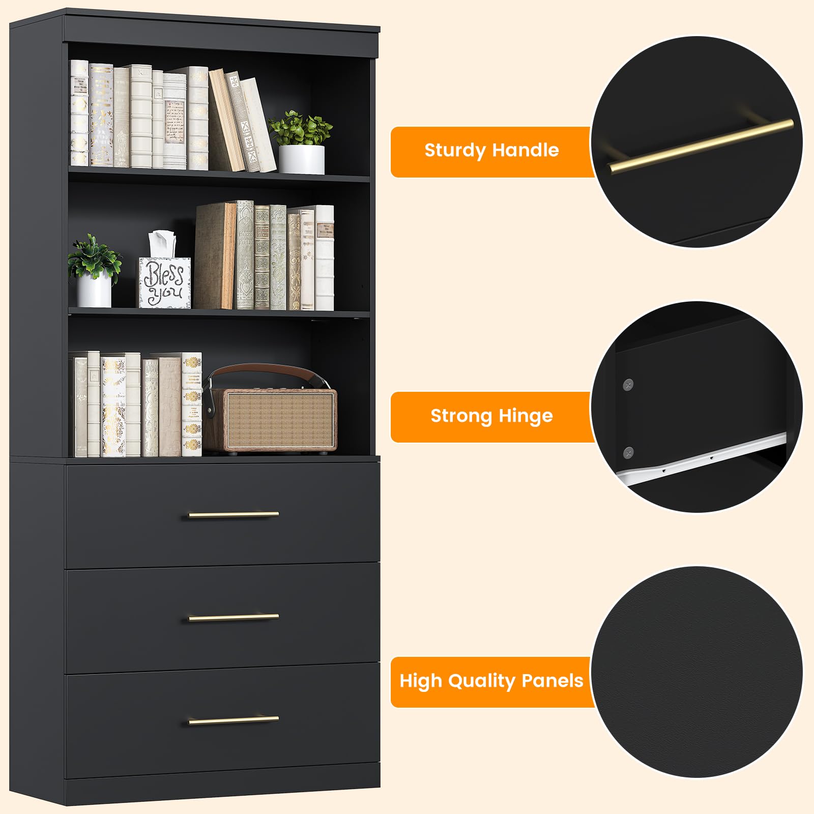 Winkalon 71" Tall Black Bookshelf with Drawers, Bookcase and Bookshelf with 3-Tier Open Shelves, Tall Bookcase Tall Storage Cabinet for Home Office Living Room, 13.8" D x 31.5" W x 71" H