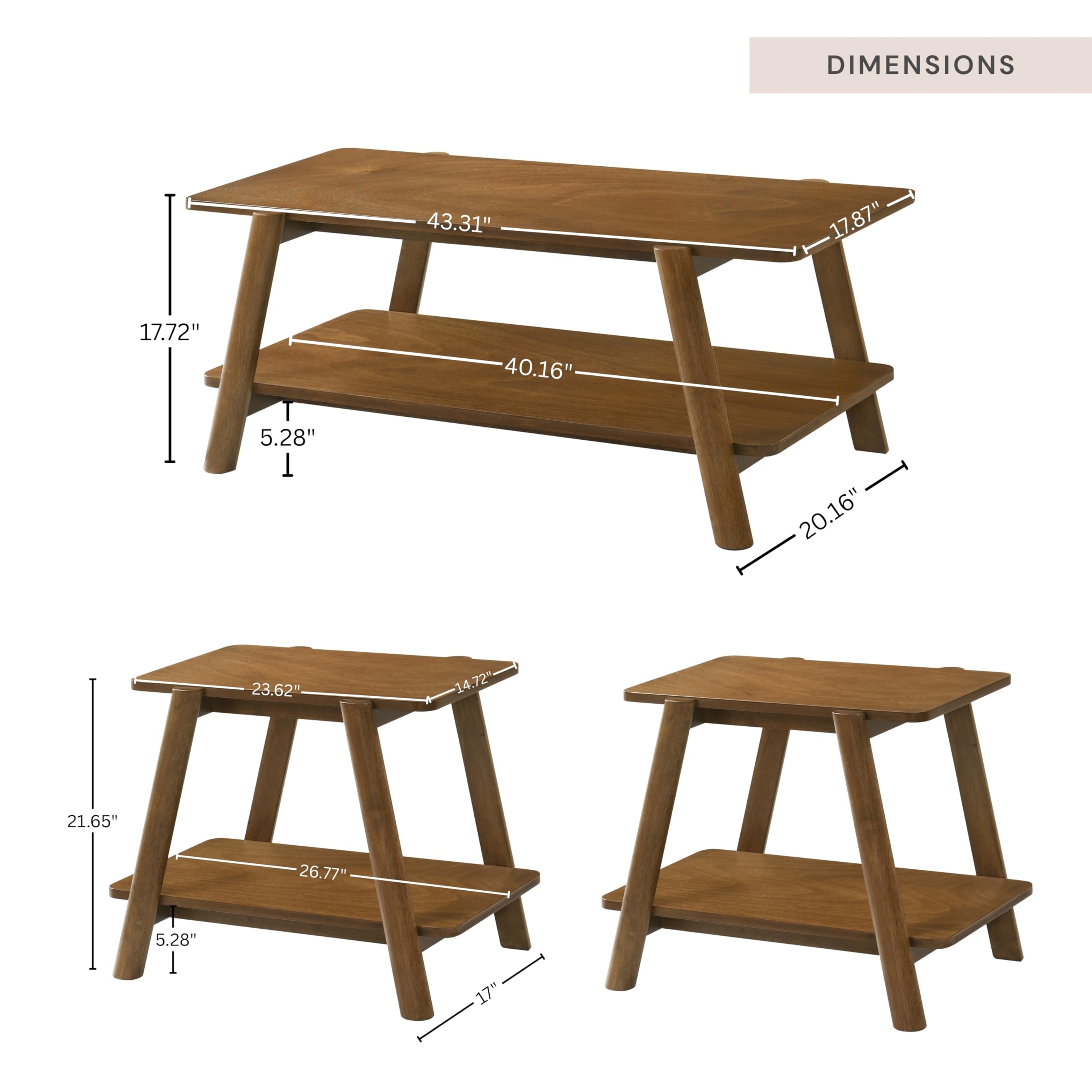 Roundhill Furniture Metz 3-Piece Coffee Table Set, Coffee Table and Two End Tables, Walnut Finish