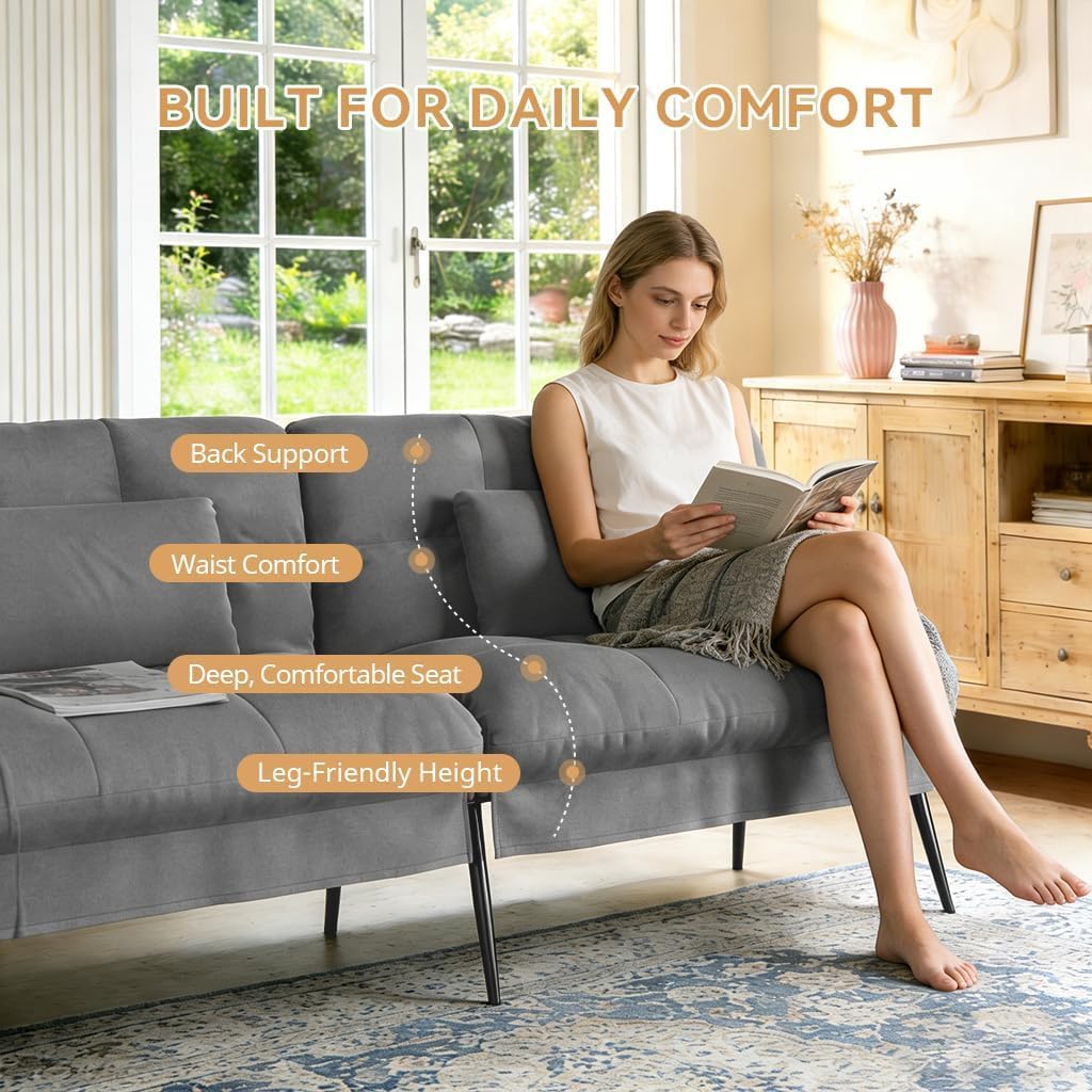 COMHOMA 72″Futon Sofa Bed,Modern Convertible Sleeper Sofa, Fabric Futon Couch with Multi-Position Backrest for Living Room Furniture (Grey)
