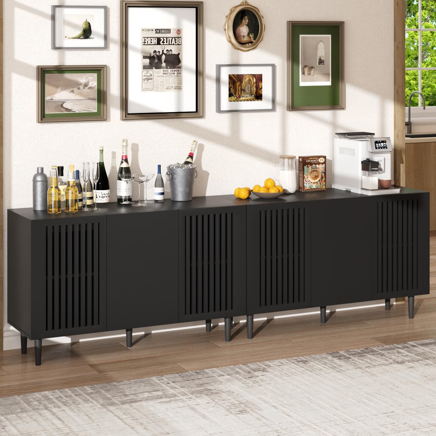 Storage Cabinet, 94.4" Freestanding Buffet Cabinet with 6 DIY Doors and Adjustable Shelf,Modern Sideboard Coffee Bar with Solid Wood Feet ,TV Stand for Living Room,Dining Room,Kitchen,Black,Set of 2