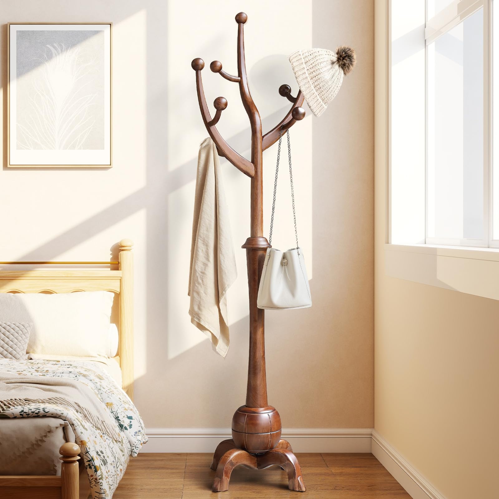 Freestanding Wooden Coat Rack with 8 Hooks
