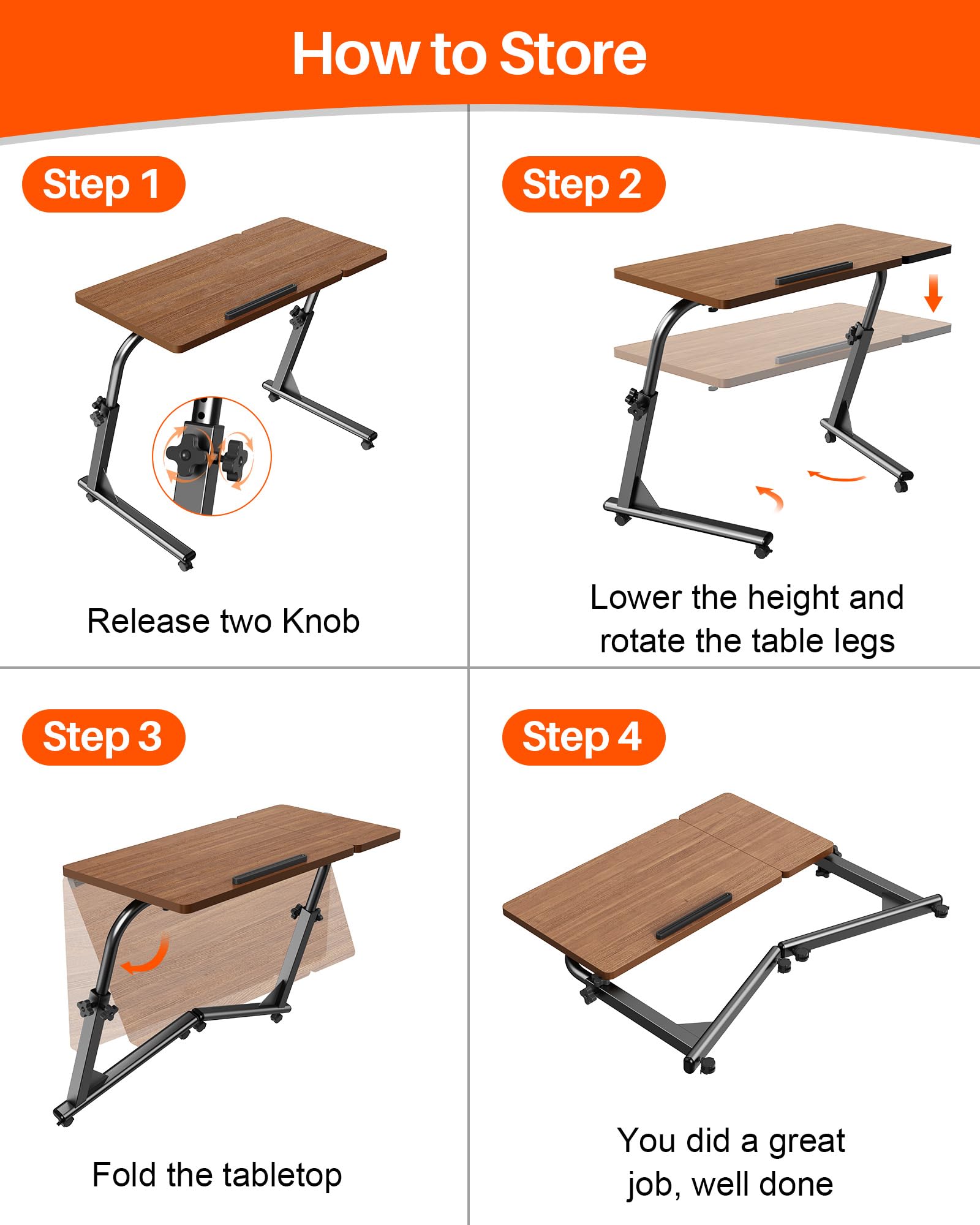 Forjarn TV Tray Table, Mobile TV Dinner Trays for Eating on Couch, Folding Side Desk with Wheels, Tilt & Height Adjustable Snack Table Laptop Desk for Sofa Living Room Bedroom & Office (Brown)