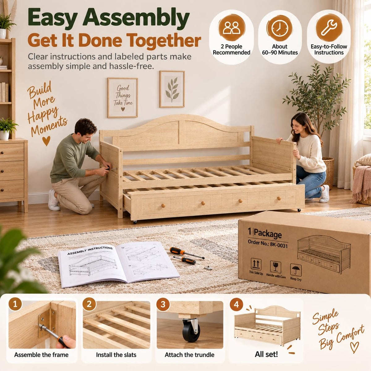 Twin Trundle Bed Frame, Twin Size Daybed with Rolling Trundle, Natural