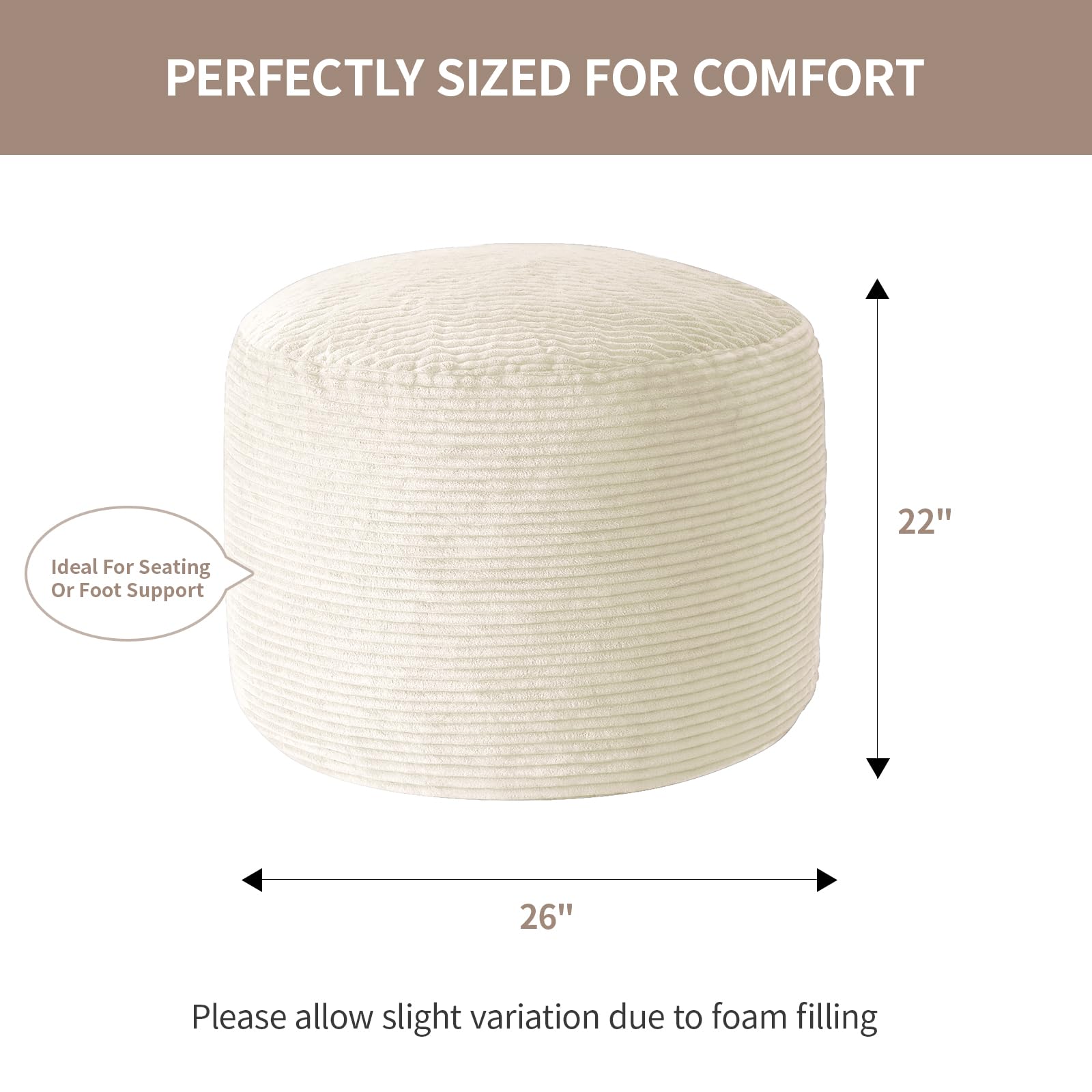 Large Round Corduroy Pouf Ottoman with Memory Foam Filling