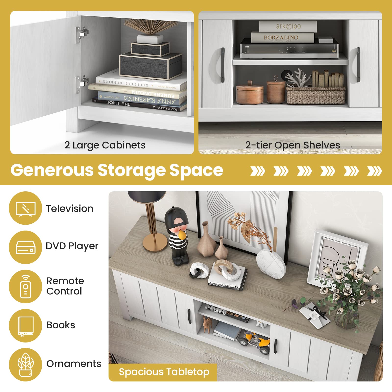 57" TV Stand with Cabinets & Open Shelves