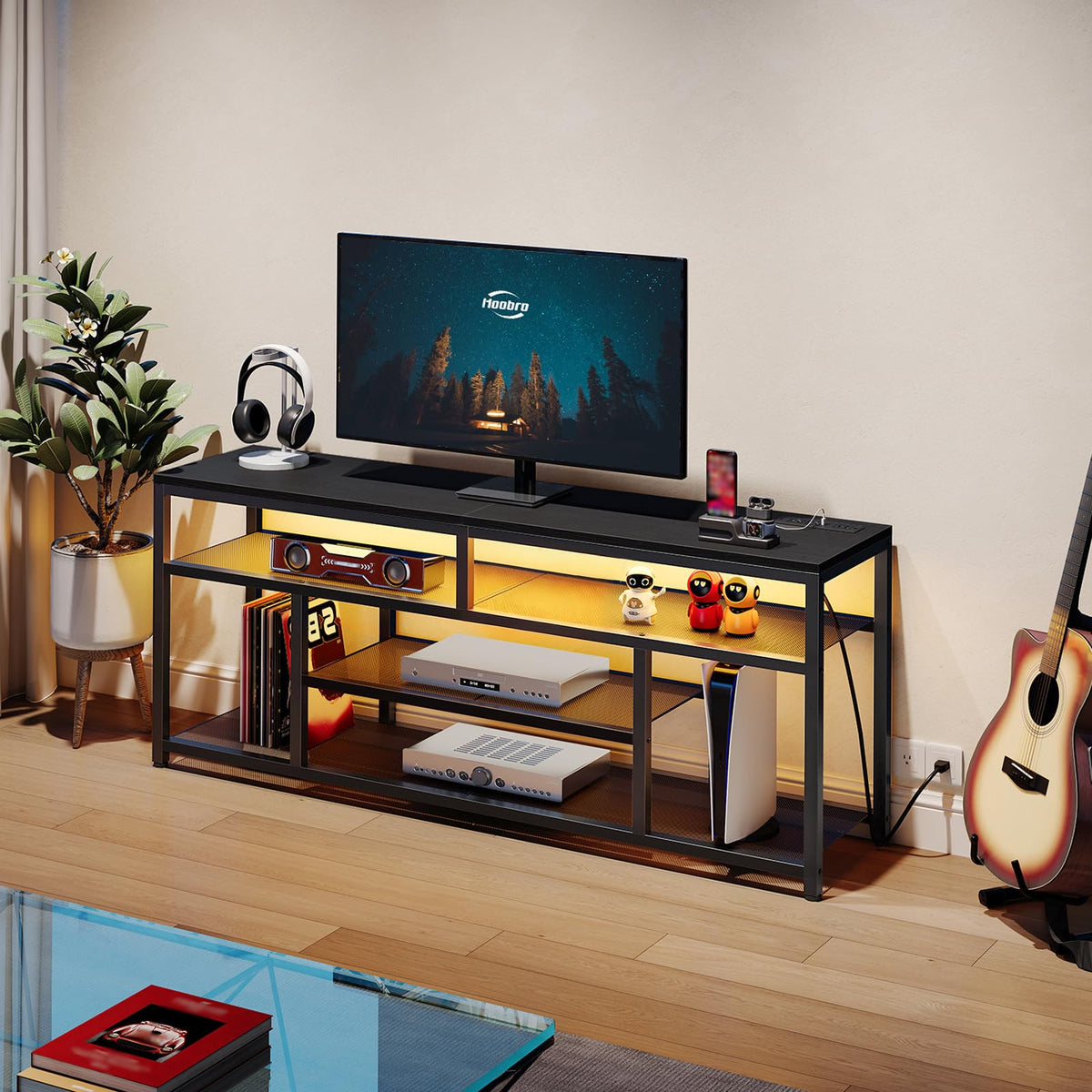 Black LED TV Stand with Charging Station