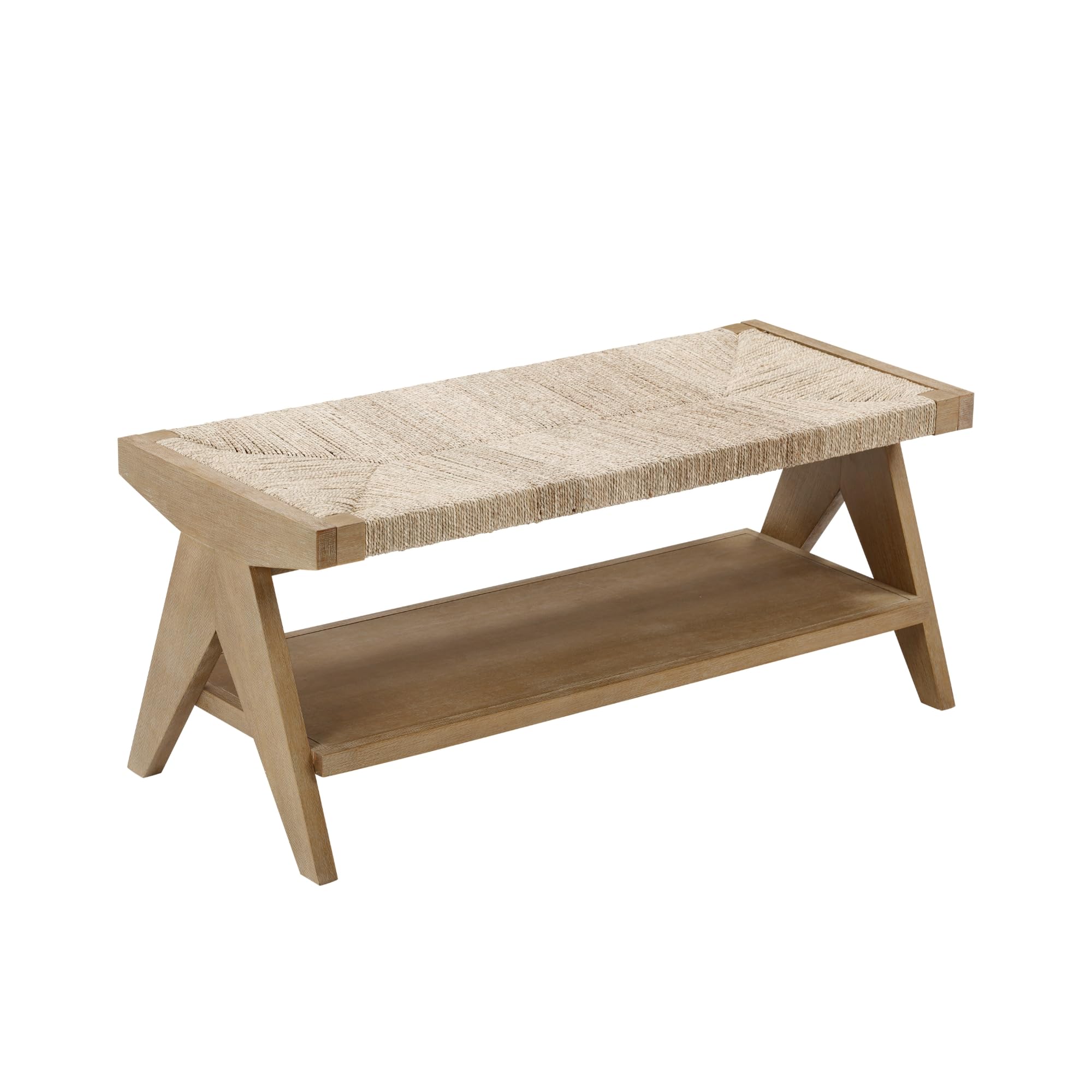 Nathan James Beacon Bohemian Bench Seat with Shoe Storage, Seagrass Entryway or End of Bed Bench with Solid Wood Frame, Brushed Light Brown