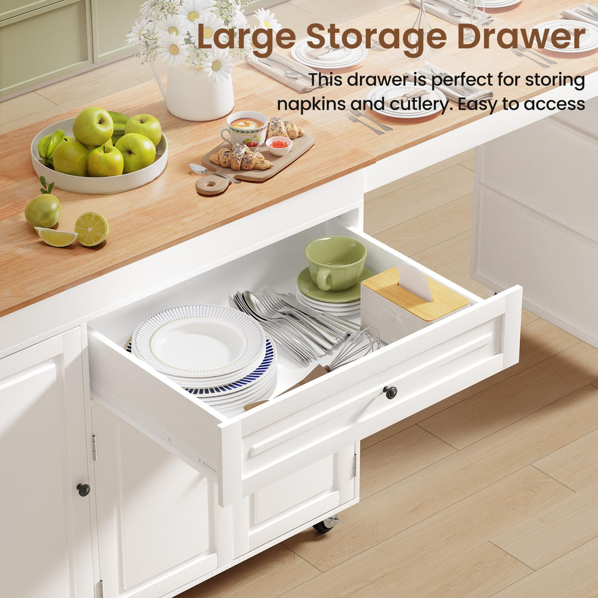 Rymeera Expandable Kitchen Island with Storage Drawer and Wheels, White