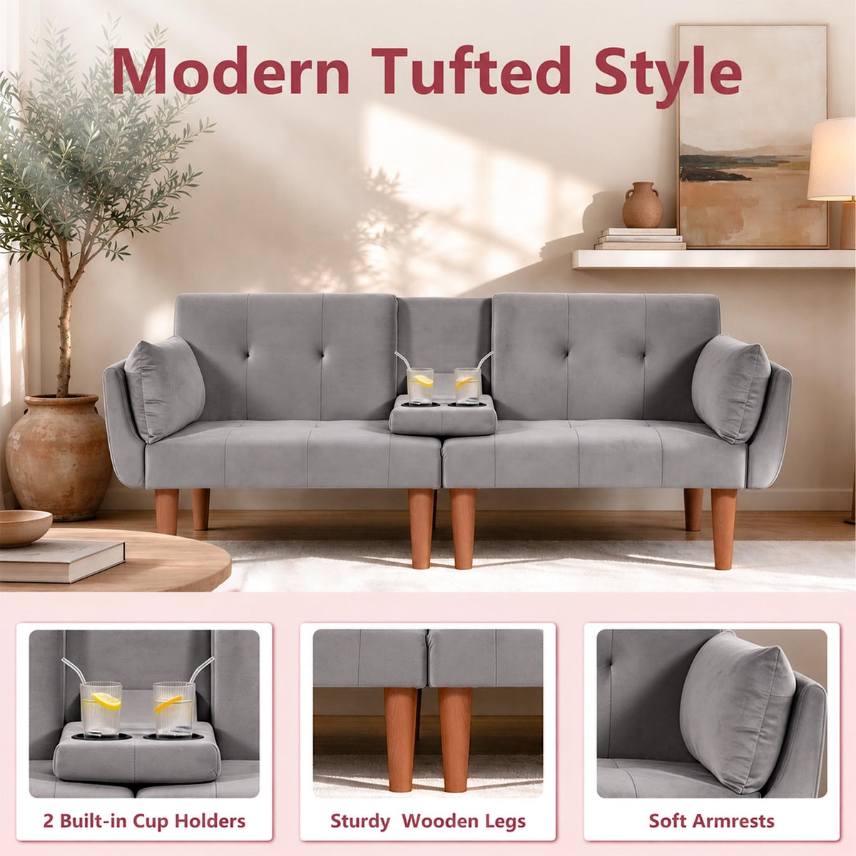 Modern 72 In Velvet Sofa Bed Futon, Tufted Recliner Loveseat Design (Gray)