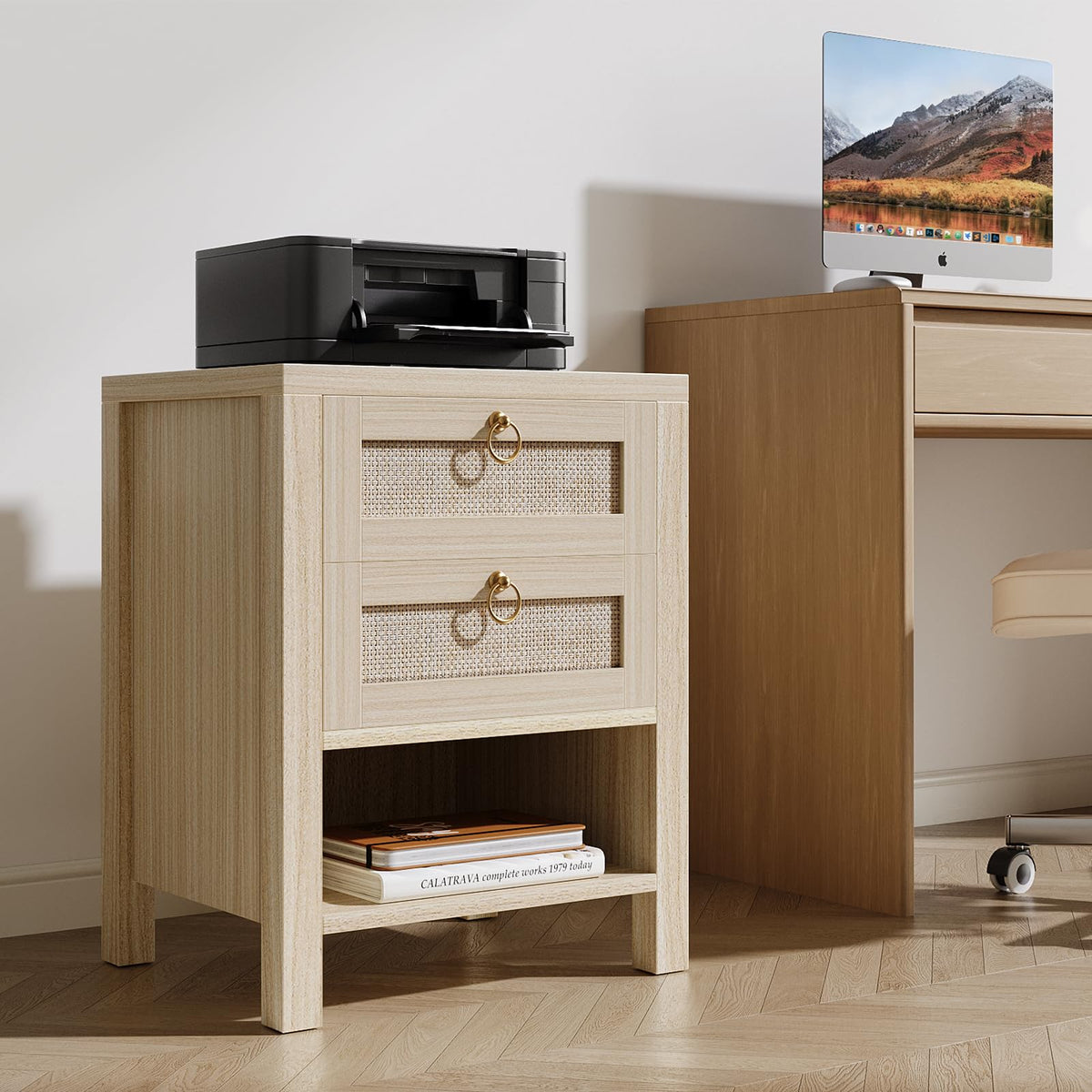Rattan Nightstand with Charging Station - Boho Night Stand with 2 Drawers
