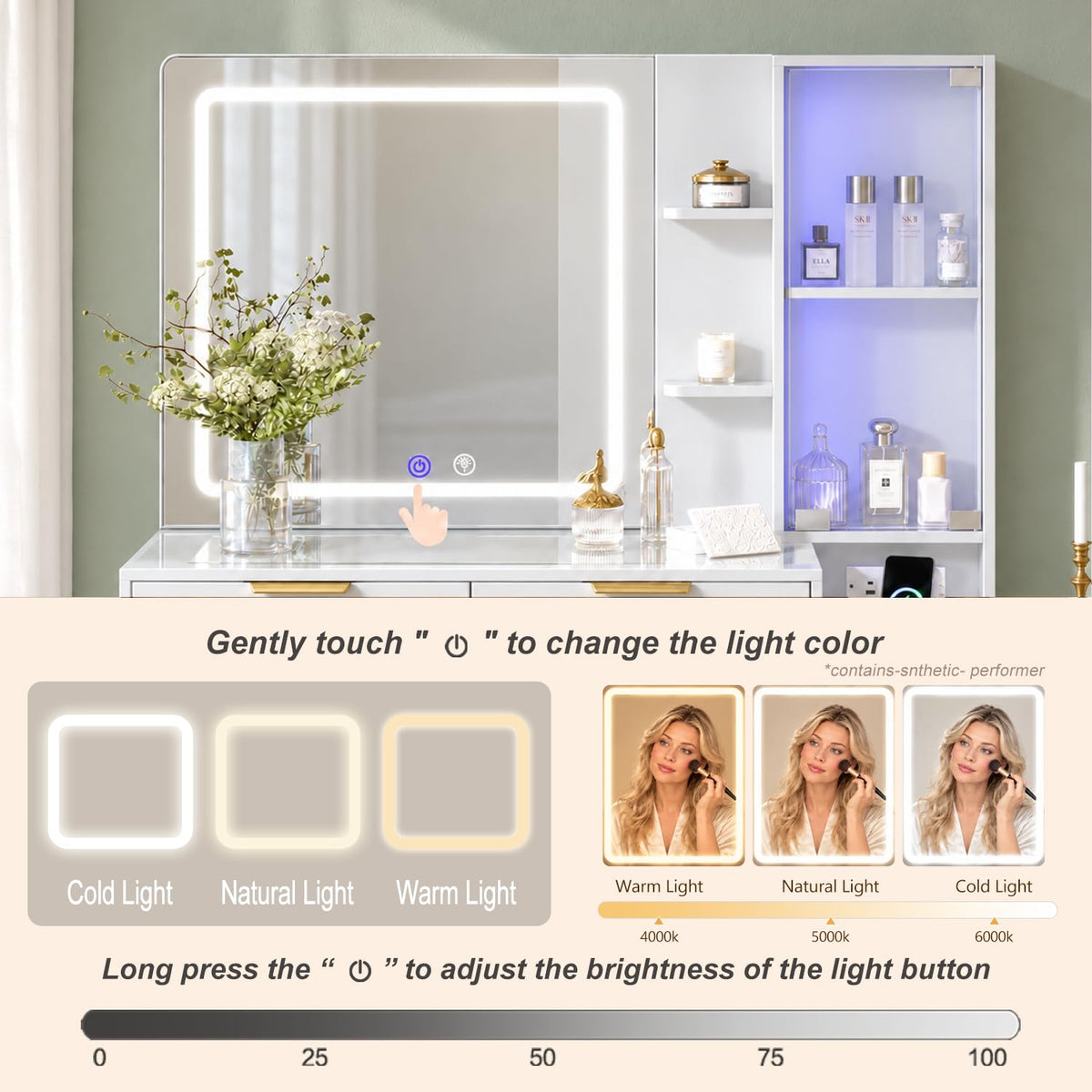 57“Makeup Vanity Desk with Mirror and Lights, Vanity Desk with 5 Drawers & RGB Cabinet Lighting, Vanity Table with Power Outlet, 3 Color Modes & Adjustable Brightness Dressing Table, Bedroom,White