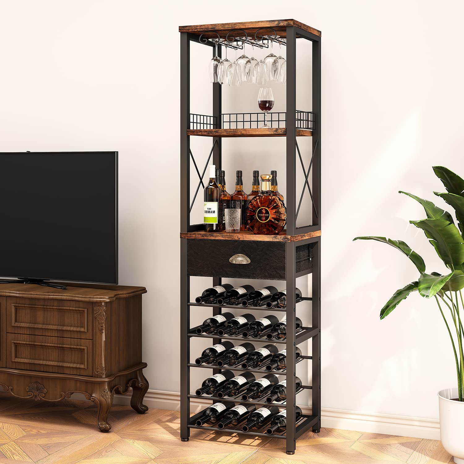 Homeiju Wine Rack Freestanding Floor, Bar Cabinet for Liquor and Glasses, 4-Tier bar Cabinet with Tabletop, Glass Holder, Storage Drawer and Wine Storage for Living Room (Patent No.D29872845)