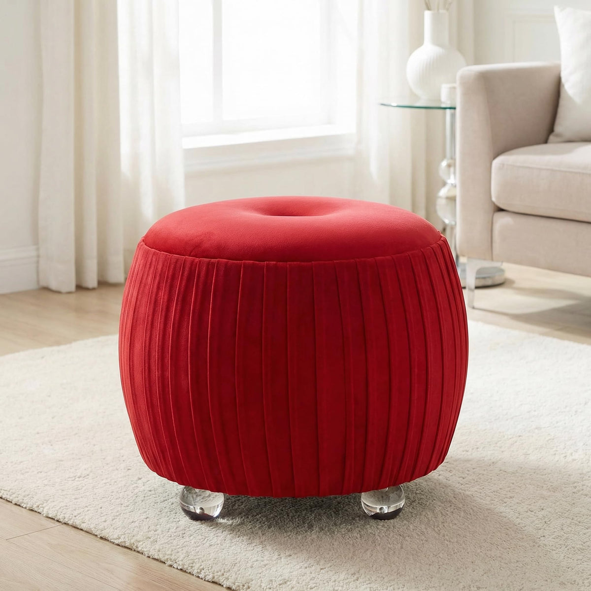 Red Round Tufted Ottoman