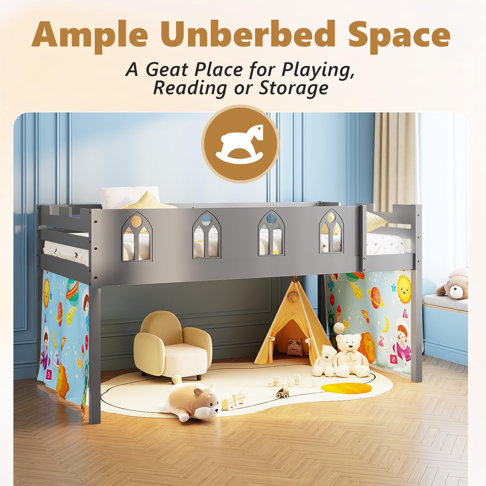 Twin Low Loft Bed with LED Lights & Storage