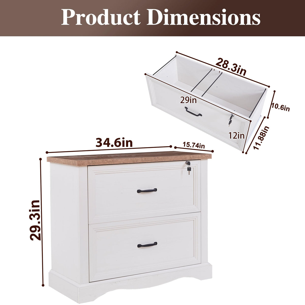 LayBurst 34.6" Farmhouse File Cabinet,Wood File Cabinet with Hanging File Folders,Top Drawer Lockable,Lateral Filing Cabinet for Home Office Compatible with Letter/Legal/A4 Size (2)