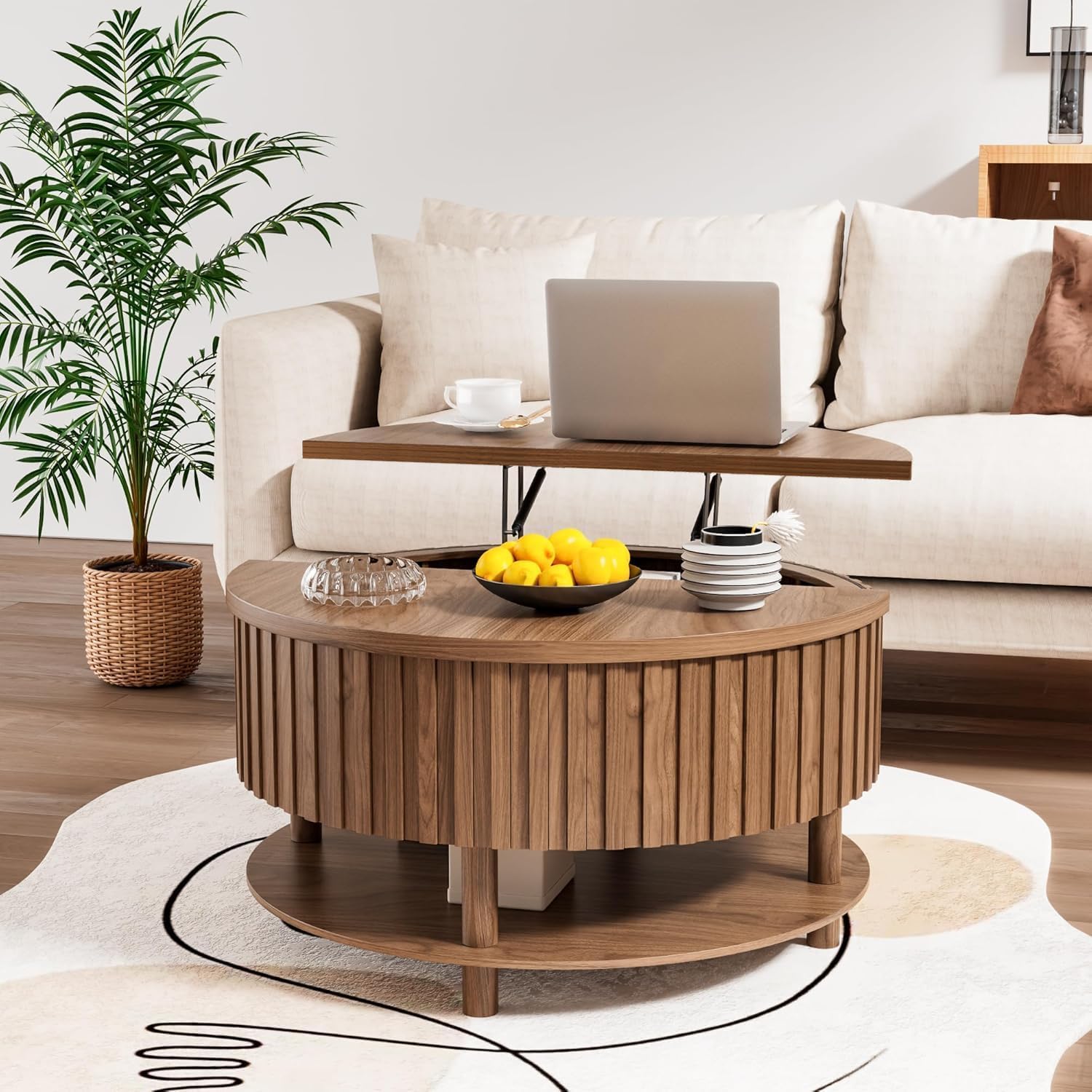 Limaoaio Round Lift Top Coffee Table with Storage, Mid Century Modern 2-Tier Circle Coffee Table with Hidden Compartment & Open Shelf, Fluted Wood Center Table for Living Room, Walnut