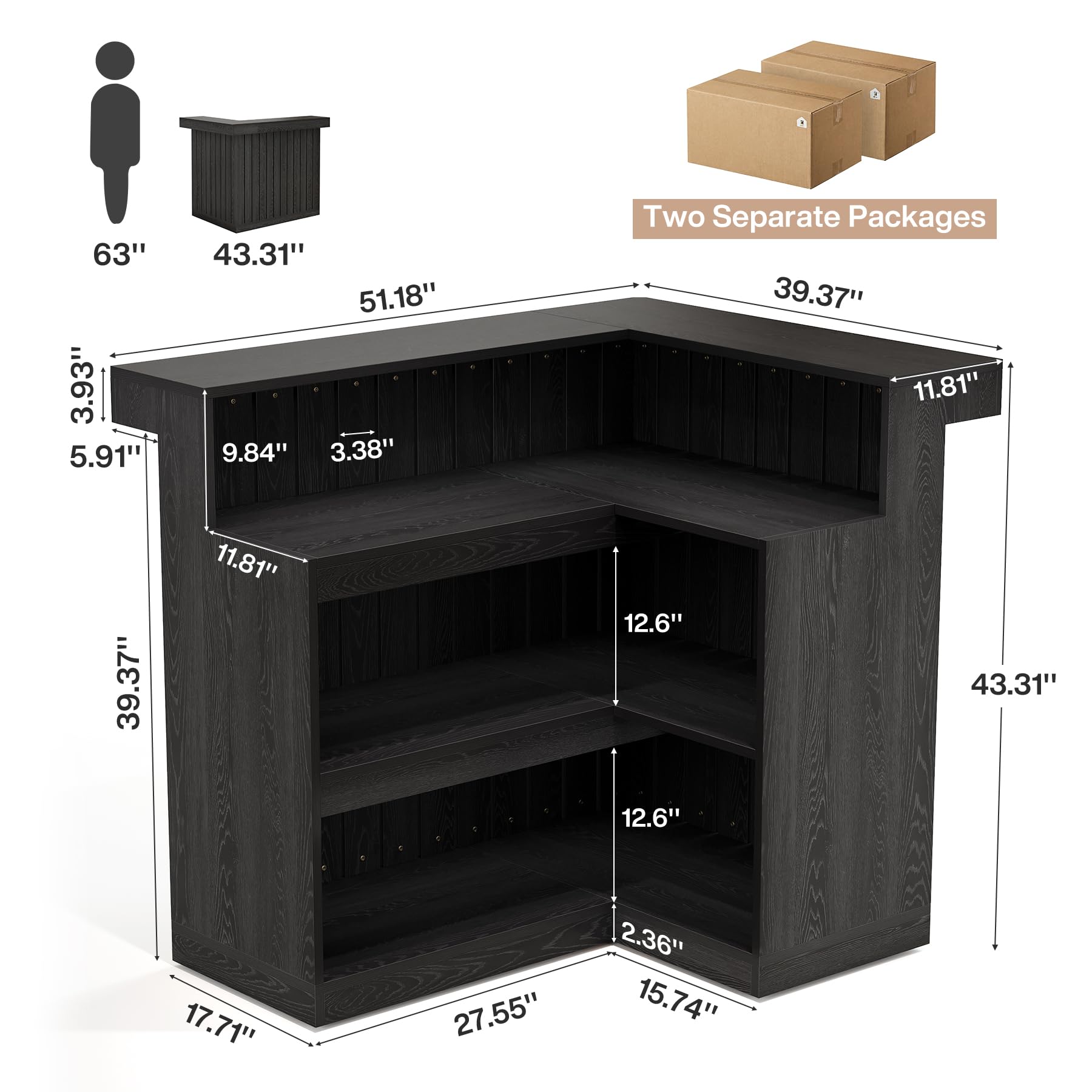 Tribesigns L Shaped Bar Table, 4-Tier Home Bar Unit with Wine Glasses Holders, Farmhouse Counter Height Pub Table with Storage Shelves, Corner Wine Table for Basement, Living Room (2, Black)